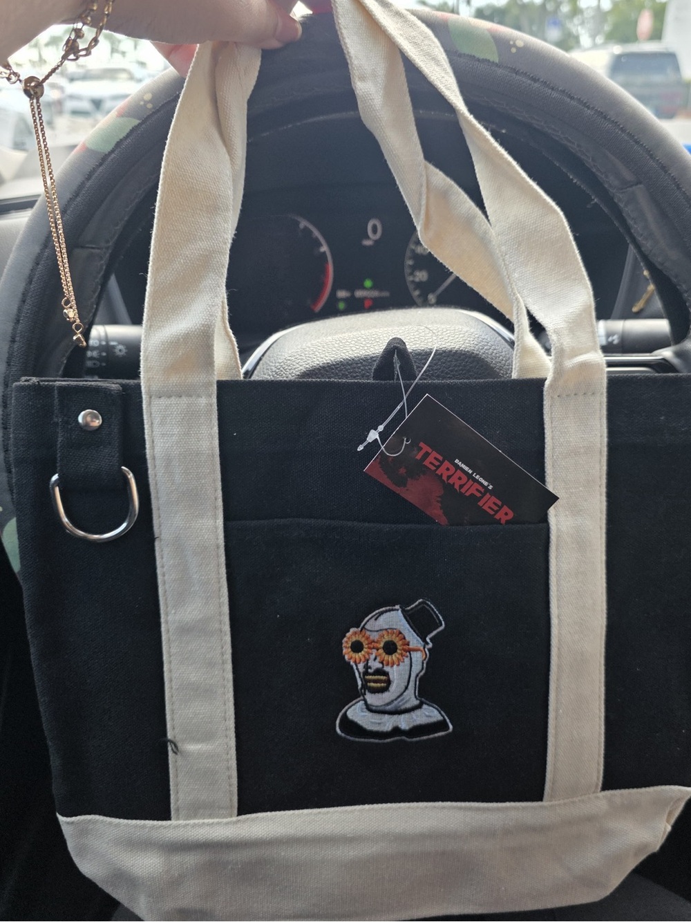 Terrifier Art The Clown Spirit Black Canvas Tote with Cream Handles and Trim